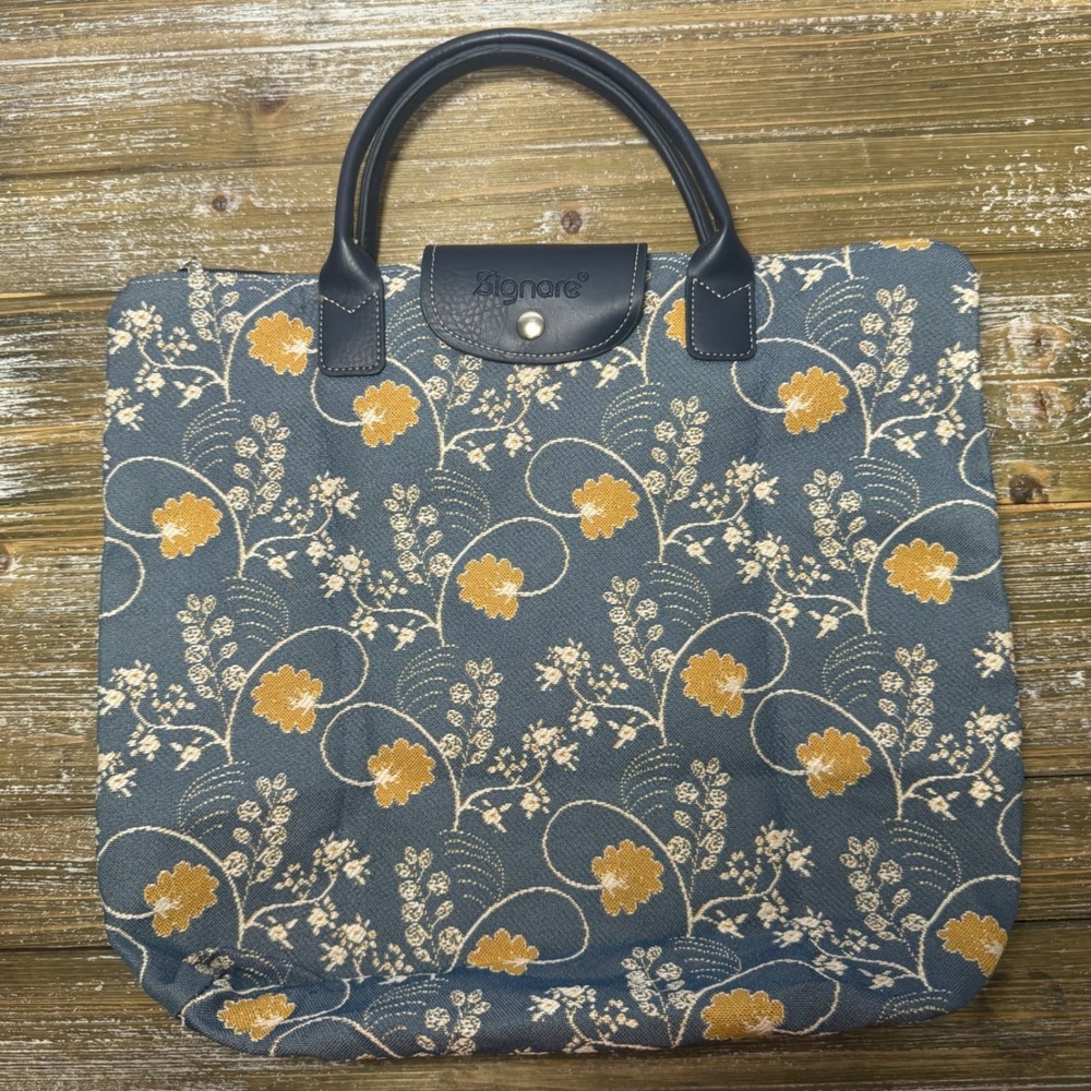 Signare Tapestry Foldable Tote Bag Blue Gold Floral Cottagecore Shopping Travel